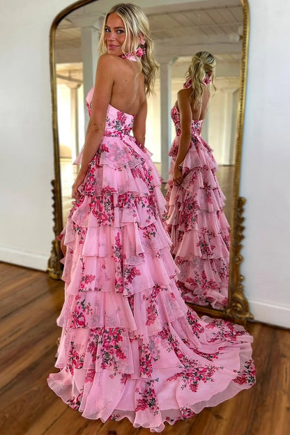 Floral Printed Elegant Halter Chiffon Tiered Prom Dress with Slit