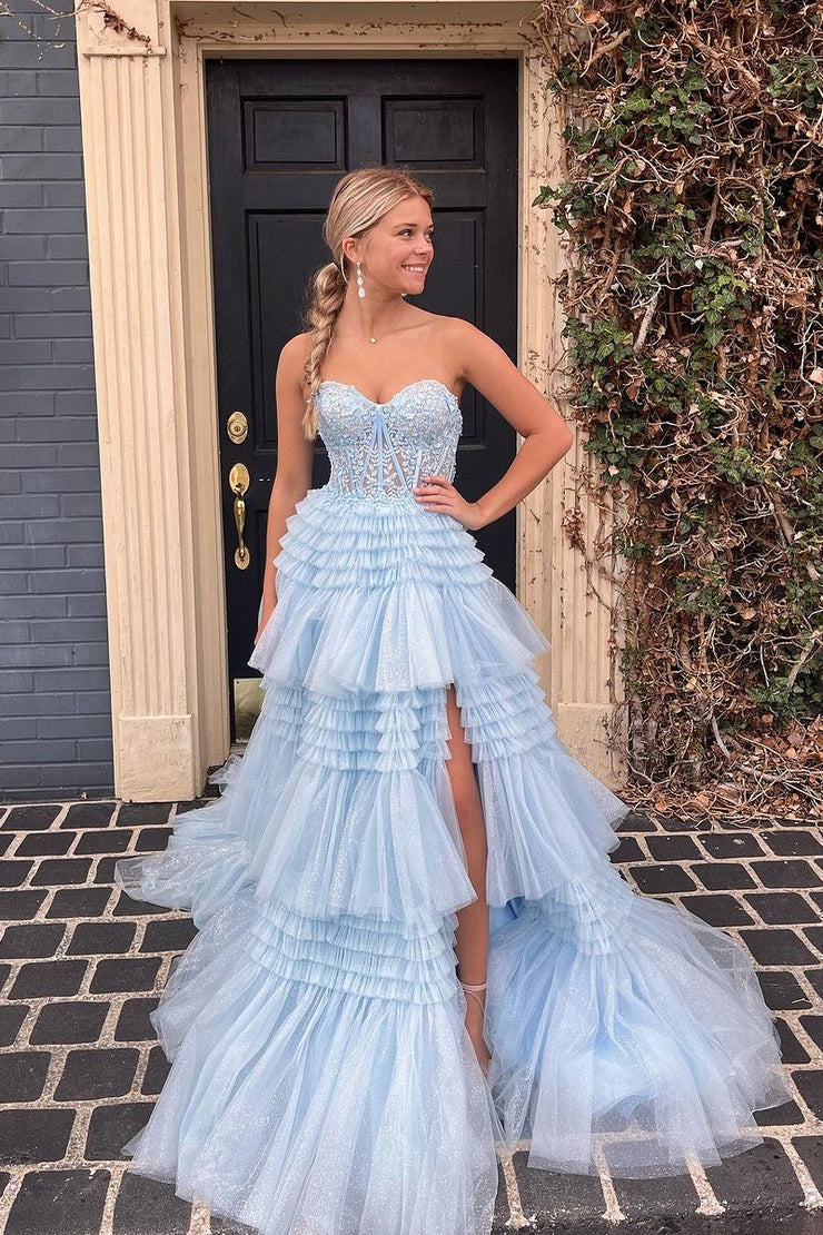 Light Blue Sweetheart Tulle Tiered Long Prom Dresses with Appliques, PD25607