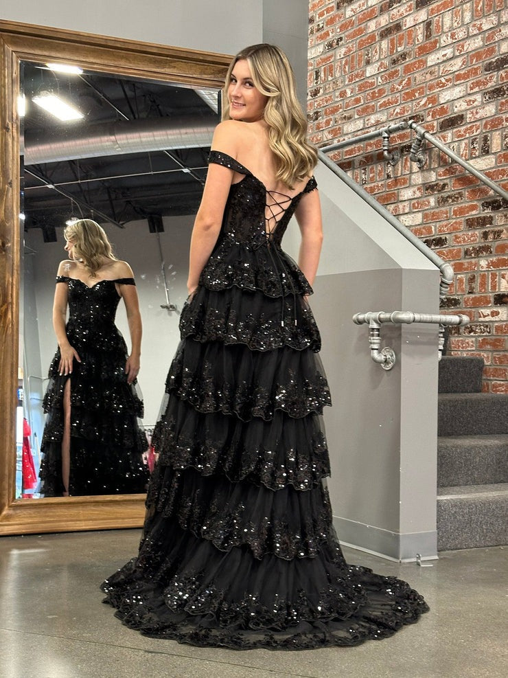 Black Tulle Off the Shoulder Ruffle Tiered Long Prom Dresses