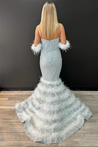 Light Blue Sequins Mermaid V Neck Long Prom Dress with Feather