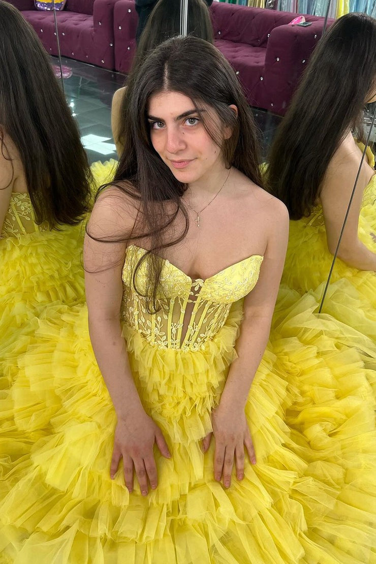 Yellow Tulle Tiered Sweetheart Long Prom Dress with Appliques