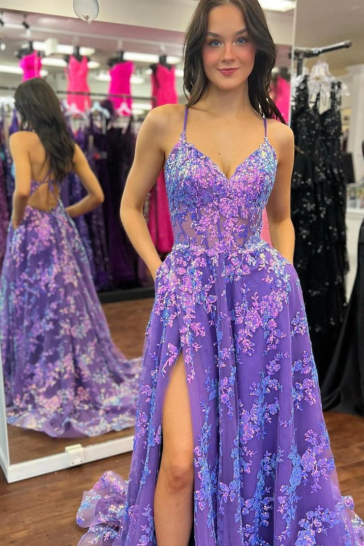 Purple Sequins Lace V Neck Long Prom Dresses with Slit