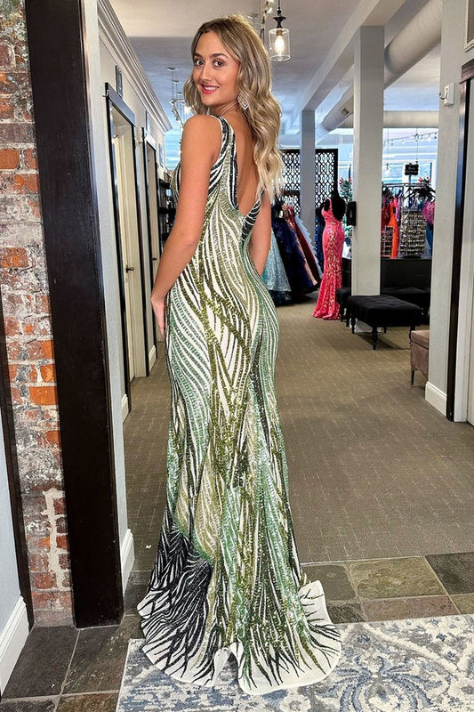 Sage Mermaid V Neck Sequin Lace Long Prom Dress, PD25626
