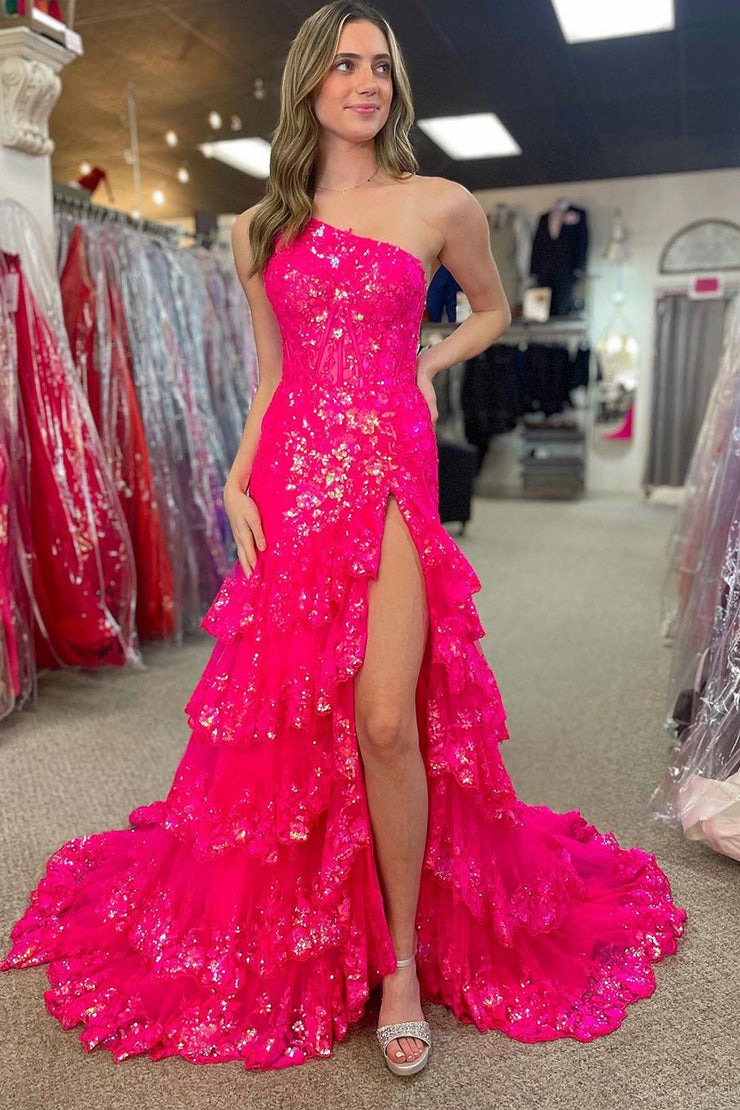 Pink One Shoulder A-line Sequin Lace Long Prom Dress, PD25698