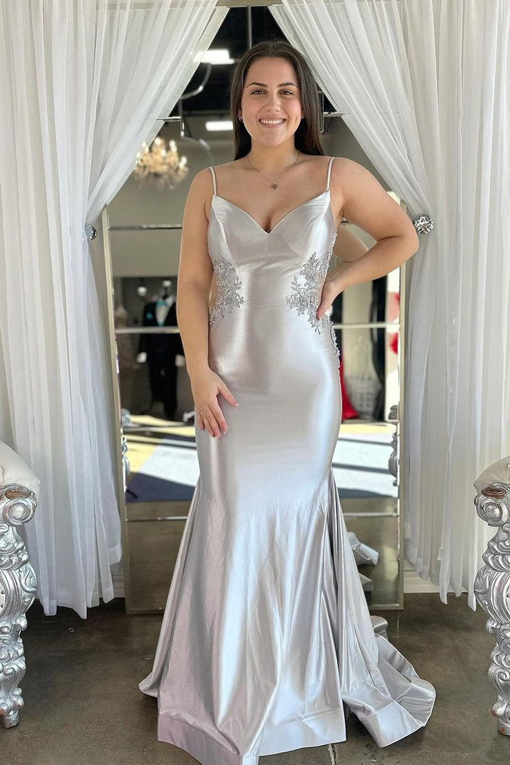 Silver Mermaid V Neck Satin Long Prom Dresses