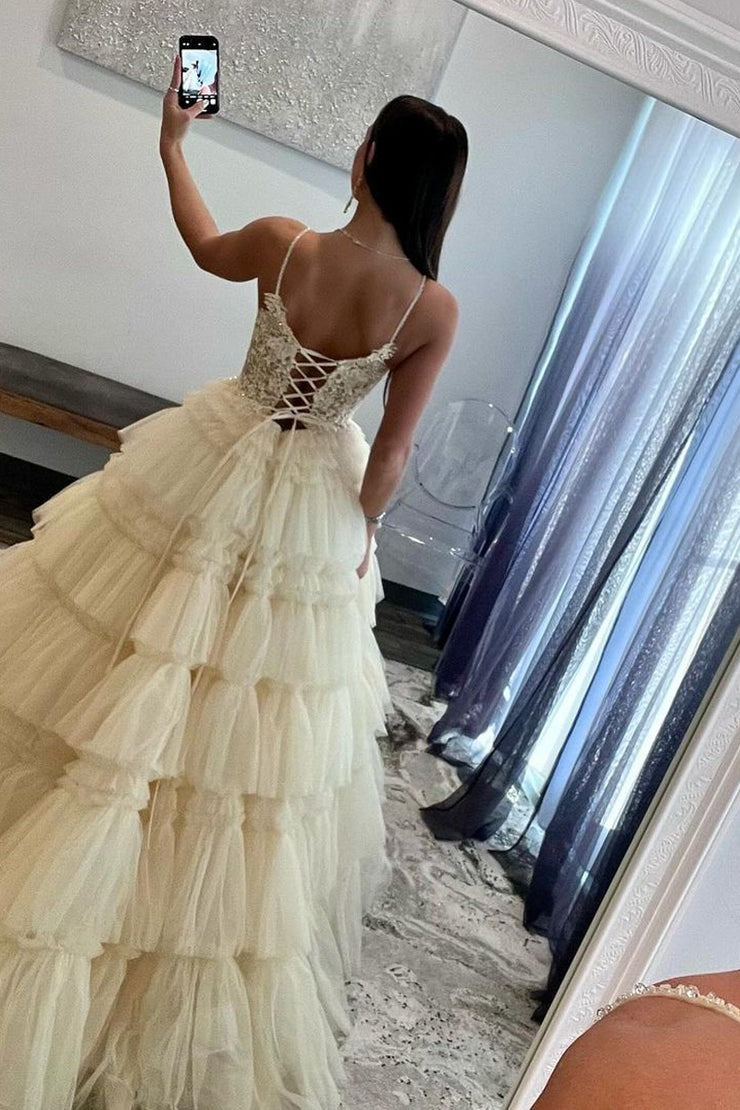 Champagne V Neck Tiered Tulle Long Prom Dress with Appliques