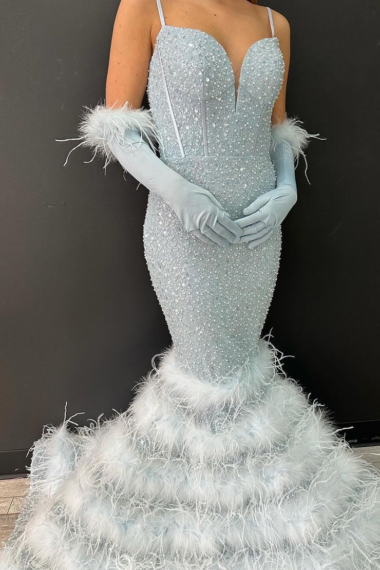 Light Blue Sequins Mermaid V Neck Long Prom Dress with Feather