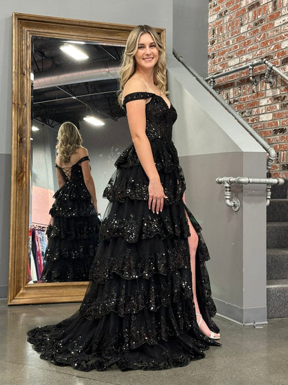 Black Tulle Off the Shoulder Ruffle Tiered Long Prom Dresses