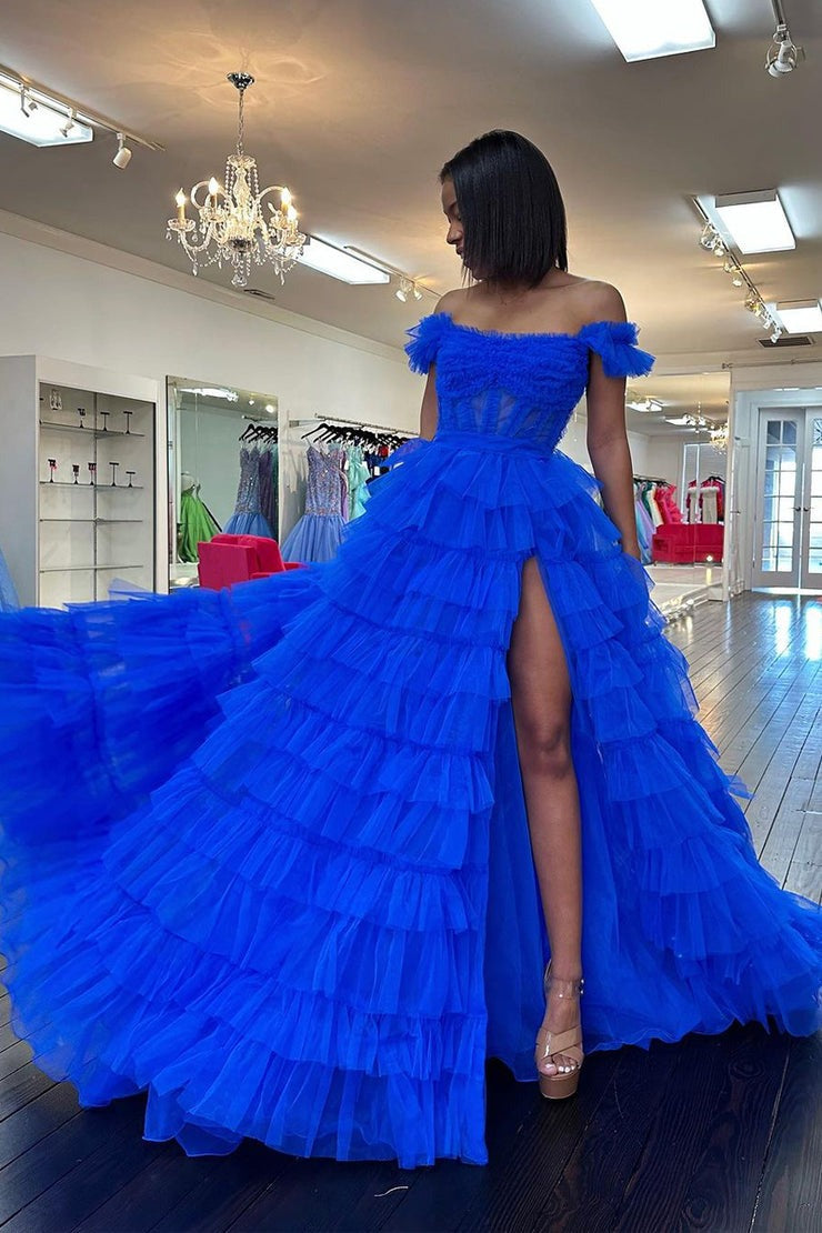 Off the Shoulder Royal Blue Tiered Tulle Long Prom Dress