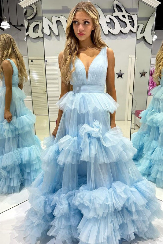 Tulle Ruffle Tiered A-Line V Neck Long Prom Dress