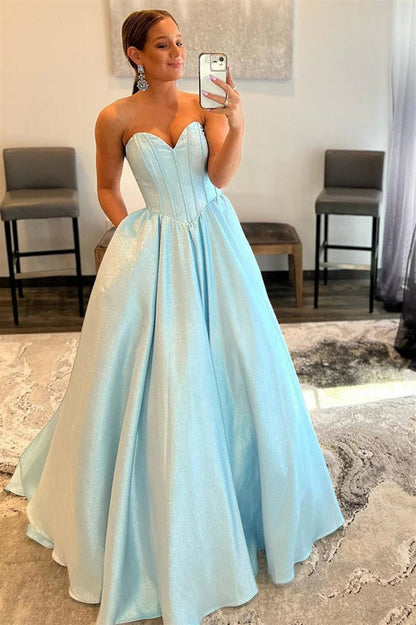 Light Blue A - Line Sweetheart Formal Dress with Pockets, PD25675