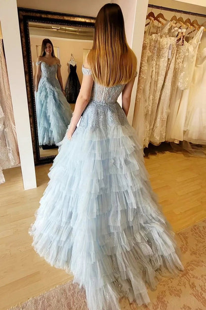Light Blue Off the Shoulder A-Line Tiered Tulle Long Prom Dresses, PD25727