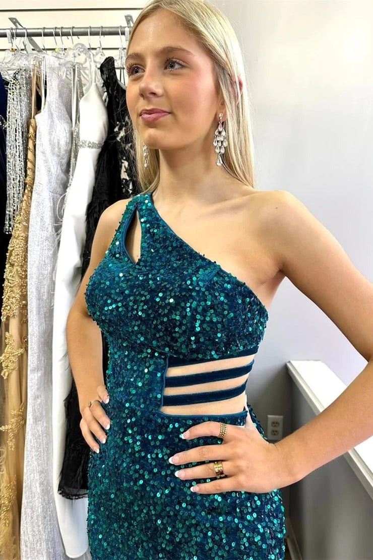 Turquoise One - Shoulder Sequin Keyhole Long Prom Dress with Slit, PD25656