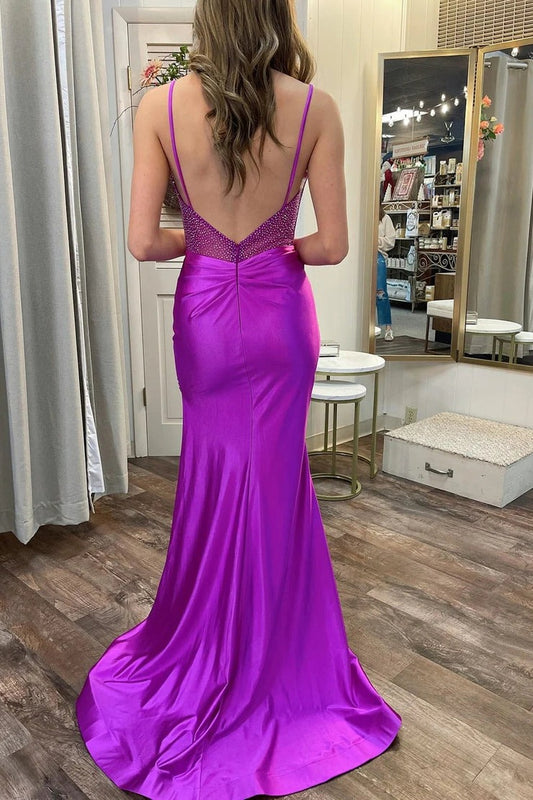 Magenta Spaghetti Strap Hot Stone Long Prom Dress with Slit, PD25641
