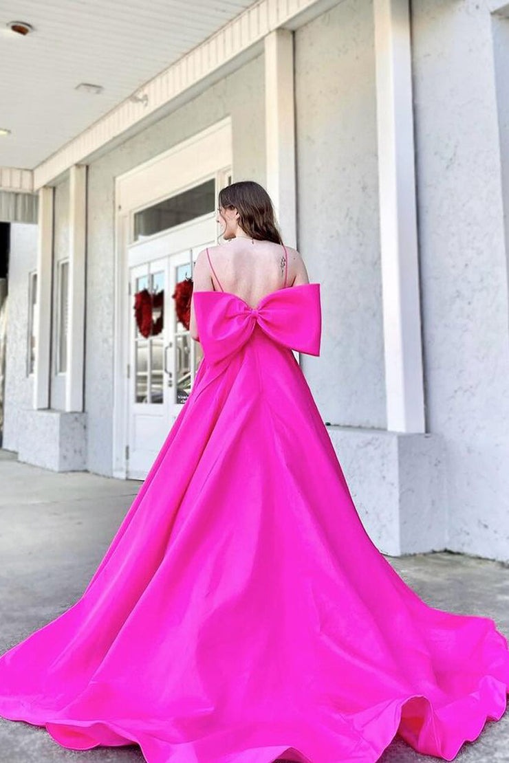 Fuchsia Satin A-Line Scoop Neck Long Prom Dress with Bow