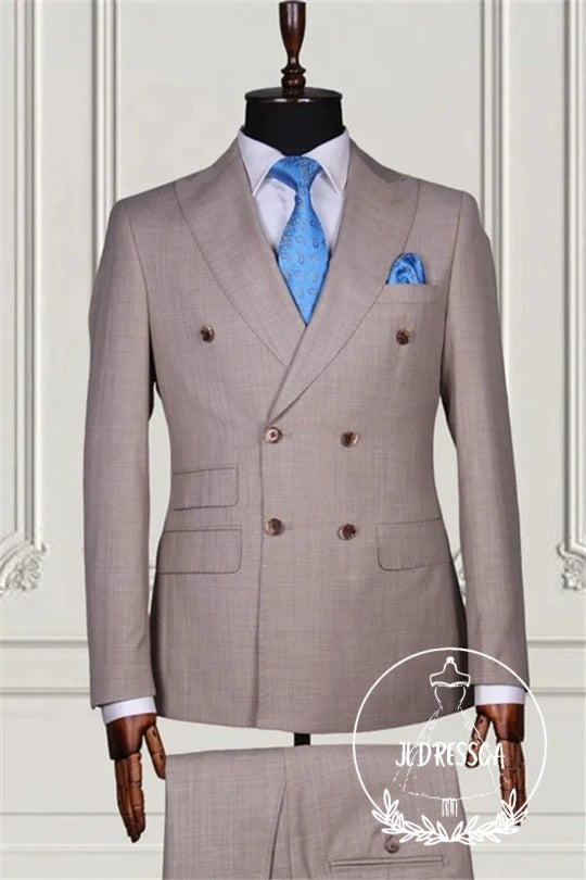 Light Coffee Best Fitted Double Breasted Peaked Lapel Men Suits, SU25112