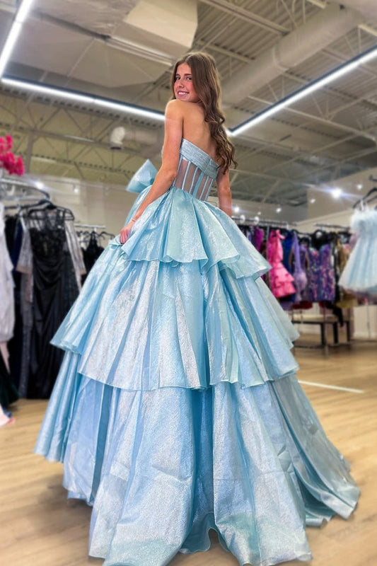Organza Ball Gown Strapless Prom Dress with Bow and Slit, PD25401