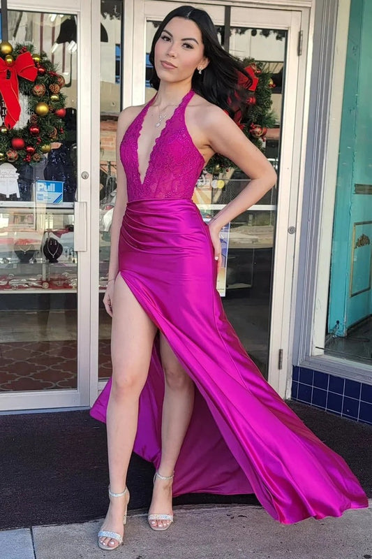 Black Mermaid Halter Pleated Long Formal Dress with Slit, PD25621
