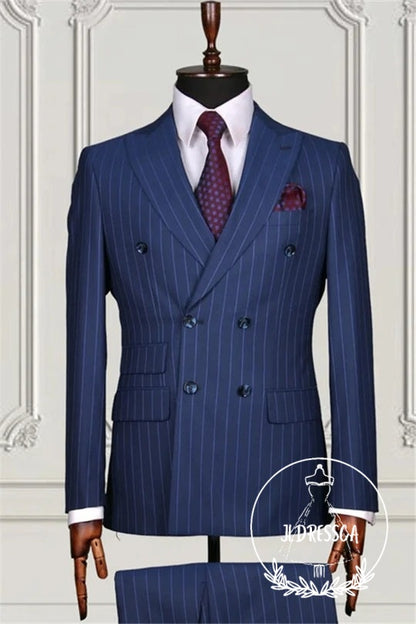 Dark Blue Striped Double Breasted Bespoke Men Suits, SU25122