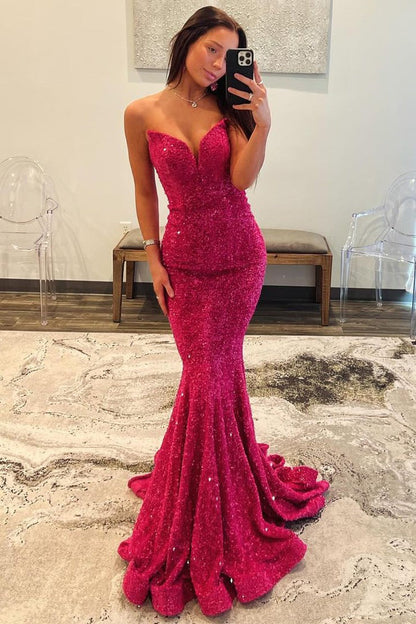 Fuchsia Sequins Strapless Mermaid Cute Long Prom Dress