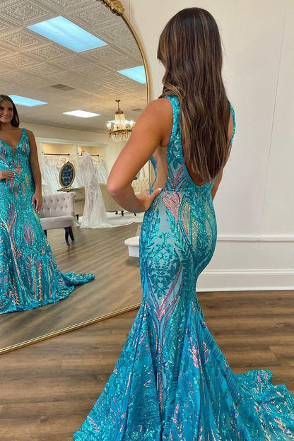 Teal Sparkly Sequins Lace Mermaid V Neck Cute Prom Dress