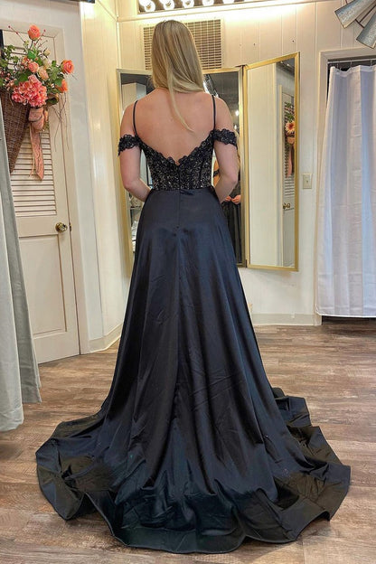 Black Satin Cold Shoulder Long Prom Dresses with Pockets