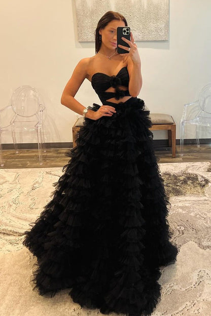 Black Tulle Tiered Ruffle Sweetheart Long Prom Dress with Slit