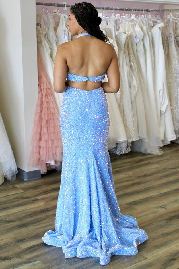 Blue Halter Iridescent Sequin Trumpet Long Prom Dress, PD25701