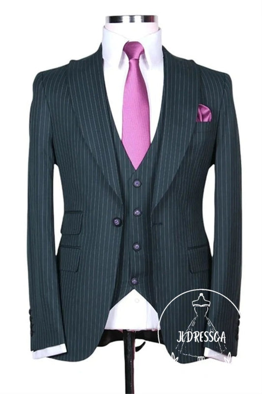 Black Plaid Three Pieces Peaked Lapel Prom Men Suits, SU25192