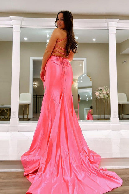 Satin Pink Sweetheart Long Prom Dress with Bow