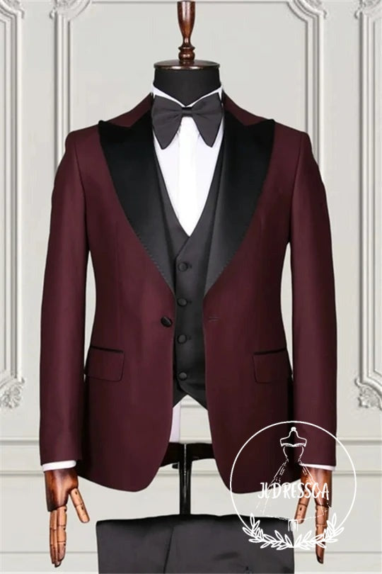 Burgundy Three Pieces Close Fitting Business Suits For Men, SU25072