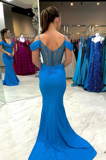 Blue Satin Mermaid Cold Shoulder Long Prom Dress