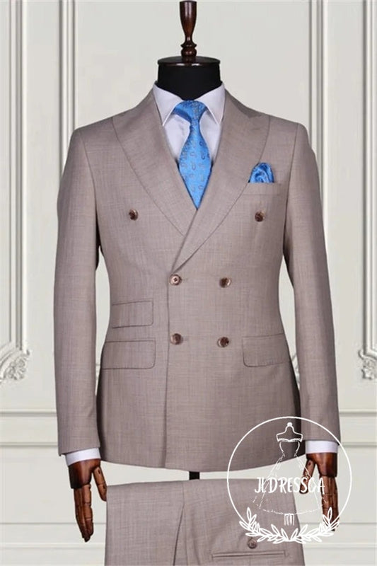 Light Coffee Best Fitted Double Breasted Peaked Lapel Men Suits, SU25112