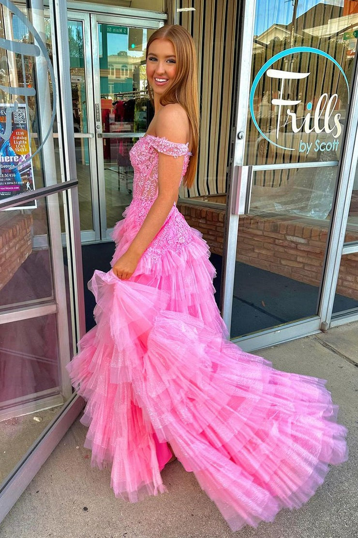 Pink Off - the - Shoulder Tulle Ruffle Long Prom Dresses