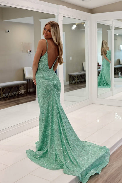 Mint Green Sweetheart Mermaid Sequins Long Prom Dress, PD25791