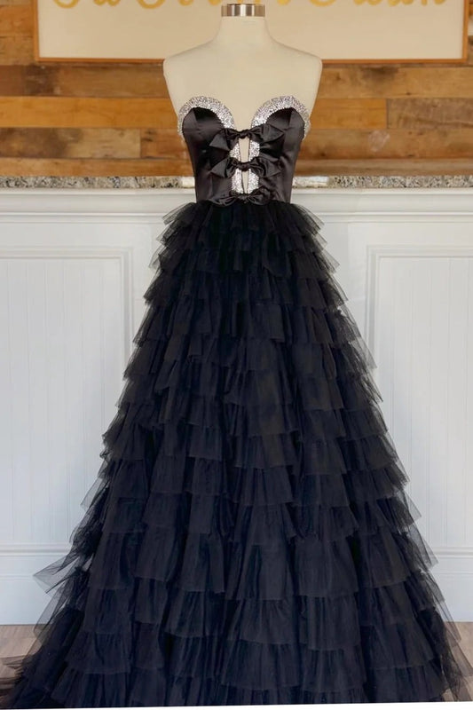 Black Strapless Ruffle Bow Long Prom Dress with Slit, PD25681