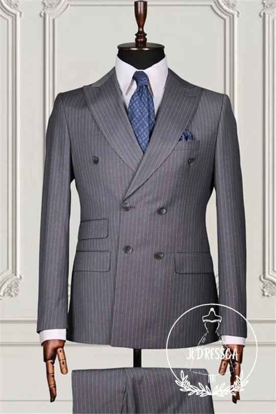 Newest Gray Double Breasted Striped Men Suits, SU25132