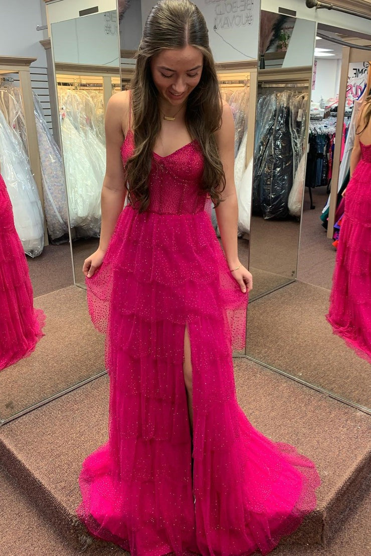 Fuchsia Spaghetti Straps Beaded Layers Long Prom Dress, PD25691