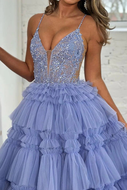 Lilac Sparkly Corset Beaded Tiered Long Prom Dress with Slit, PD25631