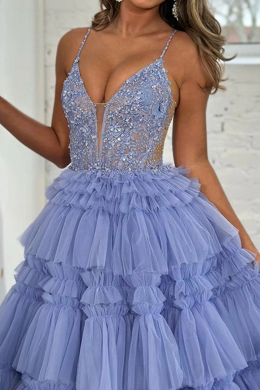 Lilac Sparkly Corset Beaded Tiered Long Prom Dress with Slit, PD25631