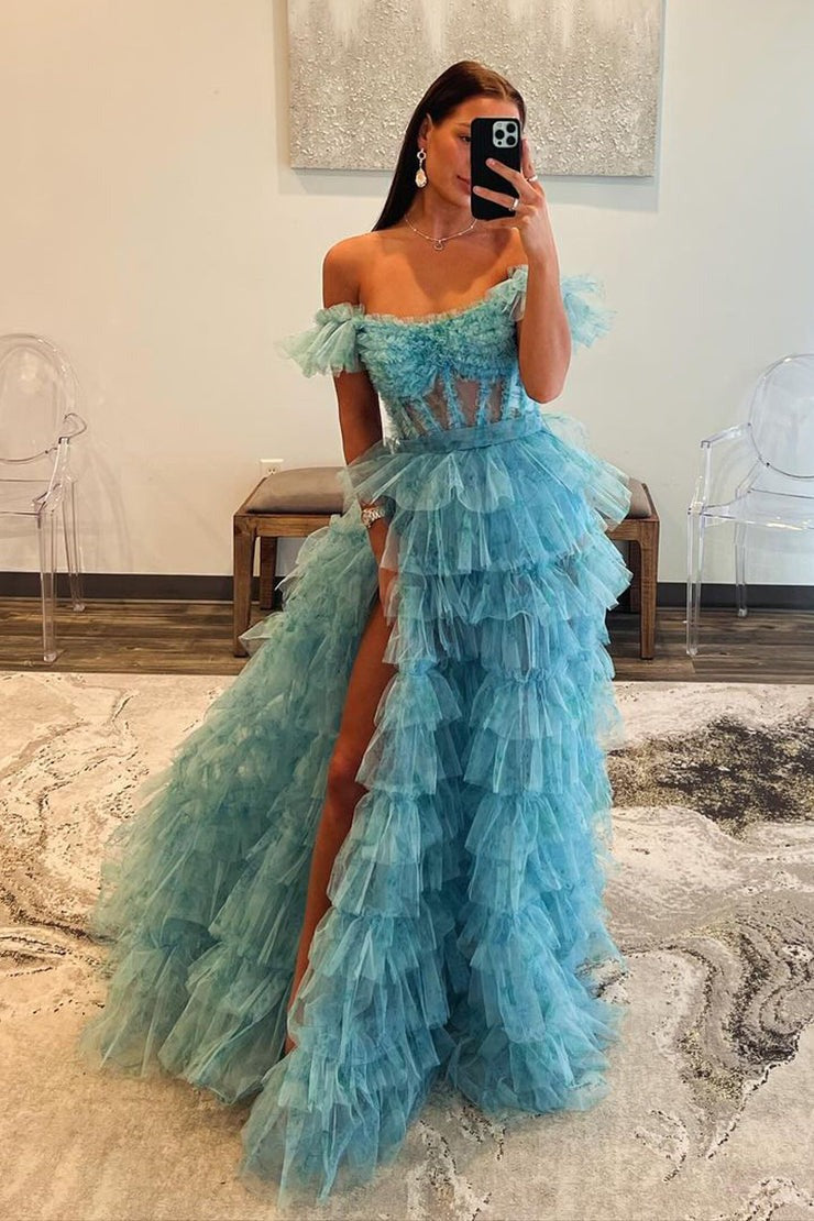 Off the Shoulder A-Line Ruffle Tiered Long Prom Dress with Slit