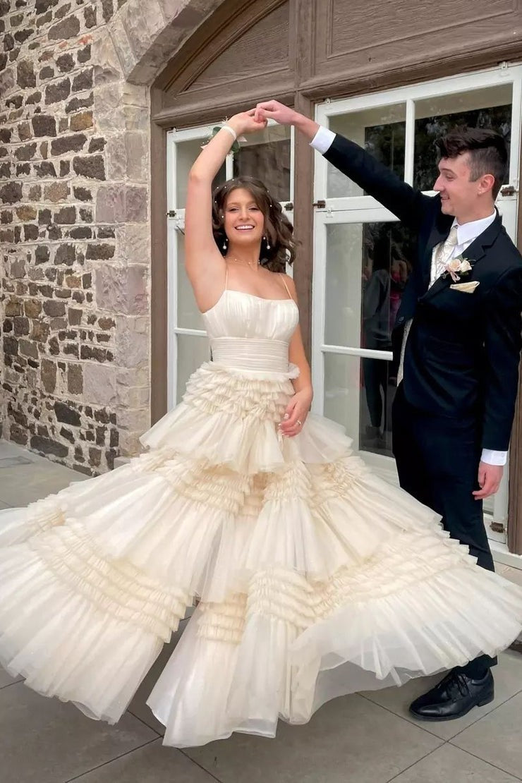 Scoop Neck Ball Gown Champagne Tiered Tulle Long Prom Dress with Slit, PD25108