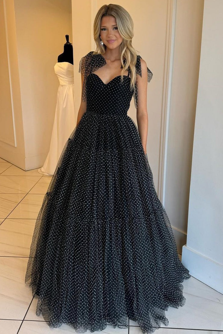 Polka Dot Sweetheart Ruffle Long Tulle Prom Dresses, PD25559