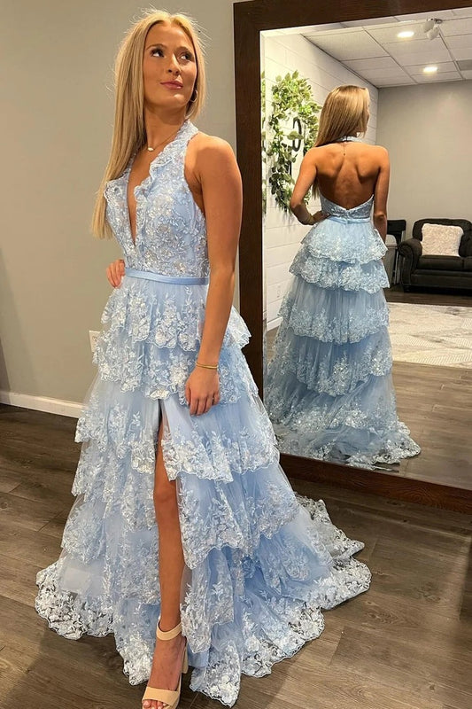 Light Blue Halter A-Line Tiered Tulle Long Prom Dresses with Appliques, PD25728