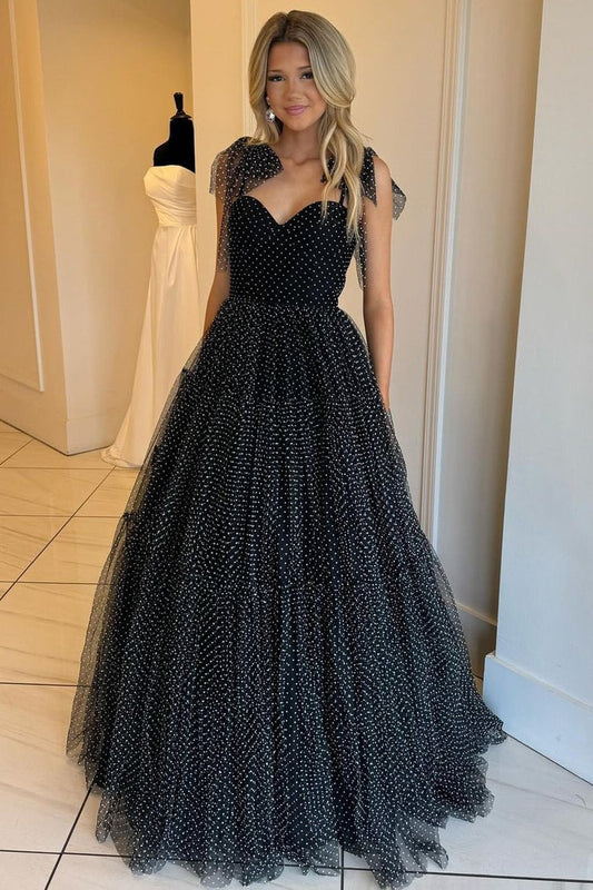 Polka Dot Sweetheart Ruffle Long Tulle Prom Dresses, PD25559