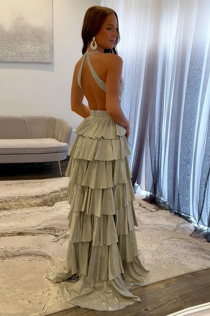 Yellow Halter A - Line Sparkly Ruffle Tiered Long Prom Dress with Slit, PD25805