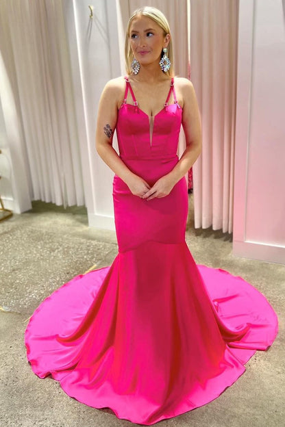Fuchsia Mermaid Satin Long Prom Dresses, PD25717