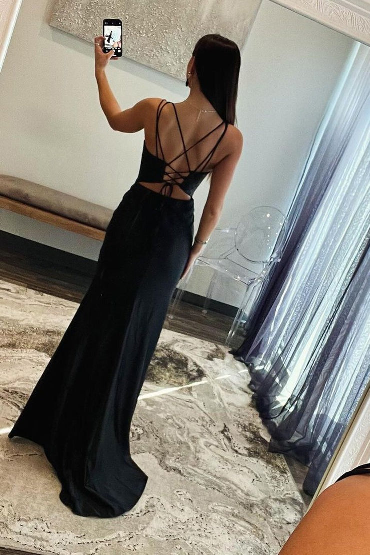 Black Satin Mermaid V Neck Beaded Long Prom Dresses