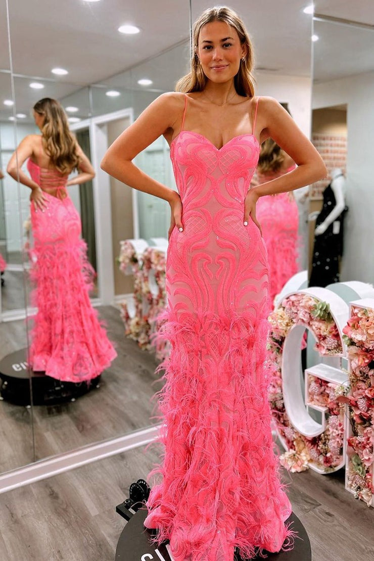 Pink Sequins Lace Sweetheart Long Prom Dresses with Feather