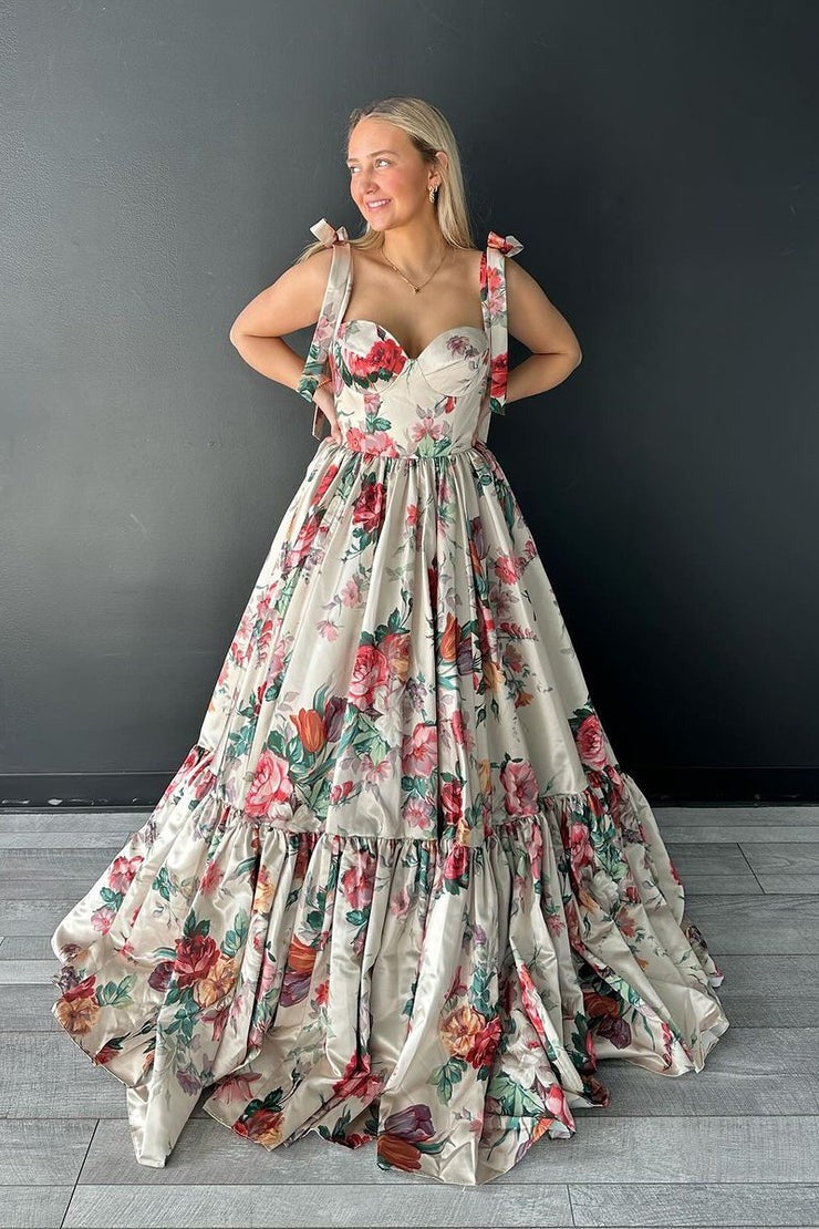 A-Line Sweetheart Floral Printed Long Prom Dresses